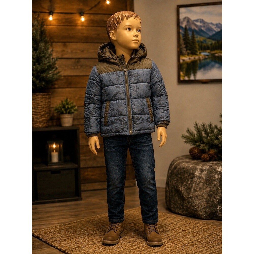MICHAEL KORS Boys Puffer Jacket Blue Black Hooded Zip Mid-Length Size 5/6